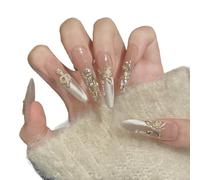 YsRoad Unghie Finte - Handmade Press On Nails Corte, a Mandorla, Lunghe, a Stiletto, 3D, Quadrate, a Bara e Con Punta Francese con Strass a Fiori Dorati, Rimovibili e Con Colla,taglia XS