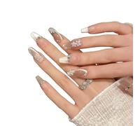 YsRoad Unghie Finte - Handmade Press On Nails Corte, a Mandorla, Lunghe, a Stiletto, 3D, Quadrate, a Bara e Con Punta Francese con Strass a Fiori Dorati, Rimovibili e Con Colla,taglia L