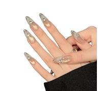 YsRoad Unghie Finte - Handmade Press On Nails Corte, a Mandorla, Lunghe, a Stiletto, 3D, Quadrate, a Bara e Con Punta Francese con Strass a Fiori Dorati, Rimovibili e Con Colla,taglia L