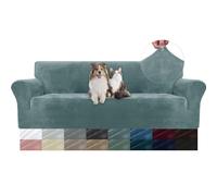 YSTELLAA Copridivano Velluto 4 Posti con Braccioli, Fuzzy Copri Divano AntiGraffio Gatto, Copridivani Elasticizzati, Universale Sofa Cover Estivo Lavabile Antiscivolo Antimacchia, Grigio Blu