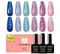 YSUVIN Smalto Semipermanente Glitterato, 6 Colori Glitter Blu Argento Oro Rosso Verde Brillante Kit, Smalto Per Soak Off UV/LED Lampada Diy Manicure Nail Art Set, 8ml