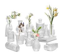 YSWOVUO Set di 12 Mini Vasi da Tavolo in Vetro, Retrò Vasi Piccoli, Vaso Fiori Vetro per Decorazione da Tavolo Matrimoni Feste, Vaso per Fiori da Interno, Trasparente