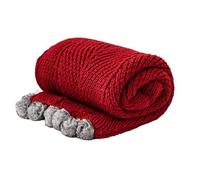 YT-KOKE Solid Pom Pom Knit Throw Blanket, Soft Warm Cozy Cable Knitted Blanket with Tassels for Sofa, Chair and Bed (Red)