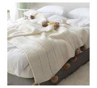 YT-KOKE Solid Pom Pom Knit Throw Blanket, Soft Warm Cozy Cable Knitted Blanket with Tassels for Sofa, Chair and Bed (White)