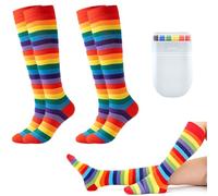 YTAXYZWR Calzini sopra Il Ginocchio a Righe Arcobaleno Unisex 2 Paia Taglia 36-42 con Penna Trucco Colorata per Feste, Pride, Carnevale e Uso Quotidiano