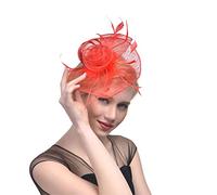YTBHSHXZ, Cappello da donna con fascinator, in maglia solida, con fiori e piume, fascia for capelli, fermaglio for cocktail e tè.(Red)