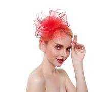 YTBHSHXZ， Cappello da sposa con piume, copricapo in rete, for donna, cocktail, tè, festa, con fiori(Red)