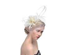 YTBHSHXZ， Copricapo da donna con fermaglio for capelli, for feste, cocktail, fiori, piume e rete, for matrimonio(White)