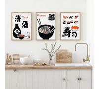 ytonghao Cibo giapponese vintage Suchi, sake, Ramen Noodles Cucina Art Poster Pittura su tela Stampe murali Immagine Cafe Home Decor 15,7" x 23,6" (40x60 cm) x3 Senza cornice