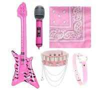 YTPAFK Costume da rockstar per bambini, set da 5 pezzi con chitarra gonfiabile e microfono, accessori rock star anni '80 per ragazze, perfetto per feste e spettacoli