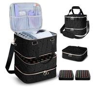 Yttriuny Borsa per trucco da viaggio a 2 strati, organizer per smalti, contenitore per strumenti per unghie, 2 in 1, confezione rimovibile per smalti, impermeabile, scomparti divisori regolabili, Nero