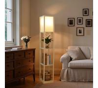 YU YUSING Lampada da Terra Salotto con Scaffale in Legno, Piantana Lampada da Terra con 3 Ripiani 160 cm, Lampada a Stelo con Attacco E27, per Camera da Letto e Soggiorno, Bianco (Senza Lampadine)