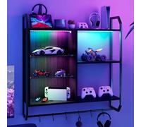 YU YUSING Mensole da Muro 7 Colori LED, Mensole Espositore Regolabile con 6 Ganci, Mensola da Muro con 2 Ripiani in Vetro, Libreria Parete per Camera Letto, Cucina, Bar, Ufficio, Sala Giochi, Nero