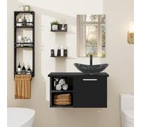 YU YUSING Set di Mobili da Bagno con Lavabo, Specchio, Portasciugamani, Arredo Bagno Completo, Mobile Lavandino Bagni da 71cm, Mensola Doccia 3 Ripiani, 2 Ripiani Muro, Set Rubinetti, Grigio Scuro