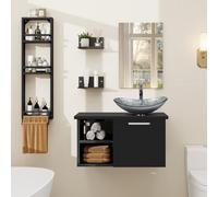YU YUSING Set di Mobili da Bagno con Lavabo, Specchio, Portasciugamani, Arredo Bagno Completo, Mobile Lavandino Bagni da 71cm, Mensola Doccia 3 Ripiani, 2 Ripiani Muro, Set Rubinetti, Argenteo