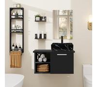 YU YUSING Set di Mobili da Bagno con Lavabo, Specchio, Portasciugamani, Arredo Bagno Completo, Mobile Lavandino Bagni da 71cm, Mensola Doccia 3 Ripiani, 2 Ripiani Muro, Set Rubinetti, Nero