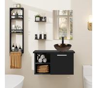 YU YUSING Set di Mobili da Bagno con Lavabo, Specchio, Portasciugamani, Arredo Bagno Completo, Mobile Lavandino Bagni da 71cm, Mensola Doccia 3 Ripiani, 2 Ripiani Muro, Set Rubinetti, Giallo-Marrone