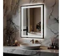 YU YUSING Specchio Bagno con Luce 50x70cm, Specchio da Parete con LED, 3 Colori, Luce Regolabili, Contro Touch, Display dell'Ora, Telaio in Metallo, Antiappannamento, IP44, Verticale, Nero