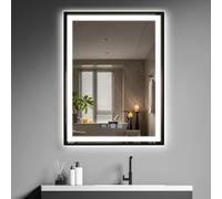 YU YUSING Specchio Bagno con Luce LED, 60x80cm, 3 Colori, Luce Regolabili, Specchio da Parete con Interruttore Touch, Antiappannamento, Visualizzazione del Tempo, Telaio Metallo, IP44, Verticale Nero