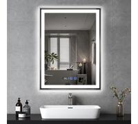 YU YUSING Specchio Bagno con Luce LED 60x80cm, 3 Colori, Luce Regolabili, Specchio da Parete con Interruttore Touch, Antiappannamento, Visualizzazione del Tempo, Telaio Metallo, IP44 Verticale Argento