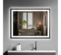 YU YUSING Specchio Bagno con Luce LED, 80x60cm, 3 Colori, Luce Regolabili, Specchio da Parete con Interruttore Touch, Antiappannamento, Visualizzazione del Tempo, Telaio in Metallo, Orizzontale Nero