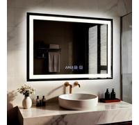YU YUSING Specchio Bagno con Luce LED, 80x60cm, Specchio da Parete | Luce Regolabili, Interruttore Touch, Antiappannamento, Visualizzazione del Tempo, Telaio Metallo, IP44, Orizzontale Nero