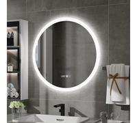 YU YUSING Specchio Bagno con Luce LED, Rotondo, 60 cm, 3 Colori, Luce Regolabili, Specchio da Parete, con Interruttore Touch e Funzione Antiappannamento, Visualizzazione del Tempo, IP44