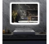 YU YUSING Specchio Bagno con Luce, Specchio da Parete con Led, 80x60cm | Interruttore Touch, Antiappannamento, 3 Temperature Colore, Dimmerabile, Visualizzazione del Tempo, IP44