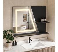 YU YUSING Specchio Bagno LED 80x60 cm con 2 Ripiani, Specchio da Parete con Led, 3 Colori, Luce Regolabili, Contro Touch, Display dell'Ora e Temperatura, Antiappannamento, IP44, Moderno, Nero