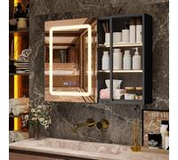 YU YUSING Specchio Contenitore Bagno con Luce 80x15x60 cm, Mobile Bagno con Specchio, Armadietto Bagno Sospeso, Specchiera bagno, 2 Ripiani Illuminati Aperti, Anta in Vetro, 3 Modalità di Luce, Nero