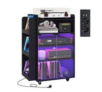 YU YUSING Vetrina Espositiva con LED per Vinili e CD, Mobile Espositivo con Porta Vinili a 5 Ripiani, Mobile Giradischi Porta CD, Presa di Corrente Integrata e Ruote, Giradischi, lettore DVD, Nero