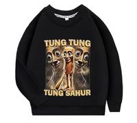 YuanDiann Bambini Tung Tung Tung Sahur Maglione Felpa 100% Cotone Italiano Brain Stampa Maglione Girocollo Sport Casual Ragazzi Ragazze Regalo, Nero , 120