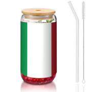 yuangjhop Bandiera dell'Italia con coperchio in bambù e tazza di cannuccia, senza BPA, riutilizzabile, con coperchio in bambù e cannuccia in vetro, per bevande calde o fredde.