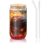 yuangjhop Pallacanestro sul fuoco e fiamma d'acqua spruzzando coperchio in bambù e cannuccia da 473,6 g. Senza BPA. Tazza riutilizzabile con coperchio in bambù e cannuccia di vetro per bevande calde o