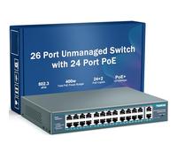 YuanLey 26 Port PoE Switch, 24 PoE+ Port 100Mbps, 2 Uplink Gigabit, 802.3af/at 400W Ad Alta Potenza, Rack and Mount Unmanaged Plug and Play