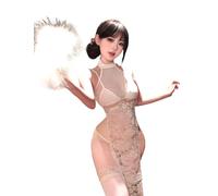 YUANMO Abito sexy Qipao da donna camicia da notte aderente in rete trasparente con spacco alto e decorazione in pizzo