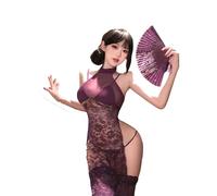 YUANMO Abito sexy Qipao da donna camicia da notte aderente in rete trasparente con spacco alto e decorazione in pizzo