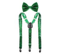 YUANZ Set di papillon e bretelle con paillettes, stile posteriore a Y elastico comodamente regolabile con clip unisex per la festa di cosplay (verde)