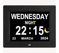 Yuanzeco Sveglia con giorno e data per anziani, 3 display, calendario digitale, cornice per foto, display dimmerabile automatico, 15 opzioni di sveglia, orologio con giorno e mese non abbreviati