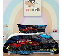 YUANZU Set copripiumino singolo per bambini ragazzi ragazzi e ragazzi, set di 2 pezzi blu rosso Monster Truck stampato in morbida microfibra con chiusura a cerniera (135 x 200 cm e 1 federa)