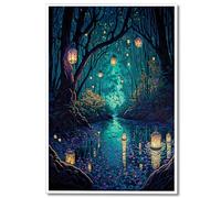 Yuaruo Stampa artistica da parete su tela, motivo: foresta spirituale, lanterne magiche sugli alberi, poster blu per l'estetica della stanza, immagine con fiume delle lucciole, notte scura, 30,5 x