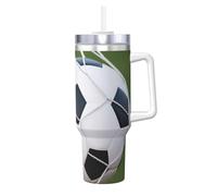 YUBVCF Bicchiere da calcio con stampa di palloni da calcio da 40 once in acciaio inox a doppia parete tazza isolata sottovuoto con manico e coperchio 2 in 1 con cannuccia