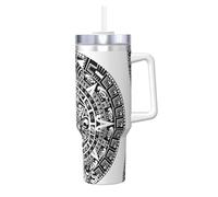 YUBVCF Calendario Maya Fine del Mondo Stampa 1180 ml Tazza in acciaio inox a doppia parete con manico e coperchio con cannuccia 2 in 1