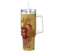 YUBVCF Happy Thanksgiving Printing - Bicchiere in acciaio inox a doppia parete con manico e coperchio 2 in 1 con cannuccia