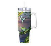 YUBVCF Many Frogs Sing On The Branches Summer Butterflies Lake Water Printing - Bicchiere in acciaio inox a doppia parete con manico e coperchio con cannuccia 2 in 1