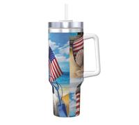 YUBVCF Sea to Shining Sea Patriotic Printing - Bicchiere in acciaio INOX a doppia parete con manico e coperchio 2 in 1 con cannuccia 2 in 1