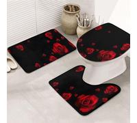 YUBVCF Set di 3 tappeti da bagno antiscivolo in flanella con stampa su sfondo nero con rosa rossa, 80 x 50,8 cm, set di tappeti per bagno Vanity, tappetini morbidi
