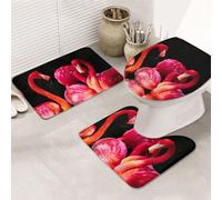 YUBVCF Set di 3 tappeti da bagno in flanella antiscivolo con stampa di fenicotteri su sfondo nero, set di tappeti da bagno da 80 x 50,8 cm, morbidi tappetini da bagno