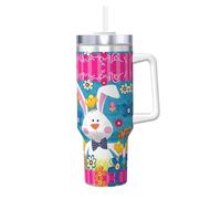 YUBVCF Spring Happy Easter Holiday Printing - Bicchiere in acciaio inox a doppia parete con manico e coperchio 2 in 1 con cannuccia