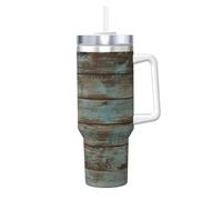 YUBVCF Tazza in acciaio inox con stampa rustica in legno di fienile, da 40 once, a doppia parete, con manico e coperchio con cannuccia 2 in 1